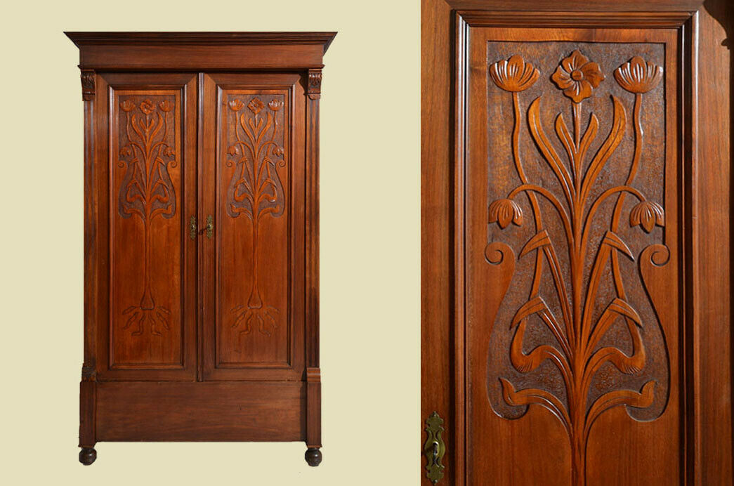 Antiker Jugendstil Mahagoni Kleiderschrank Schrank von 1920