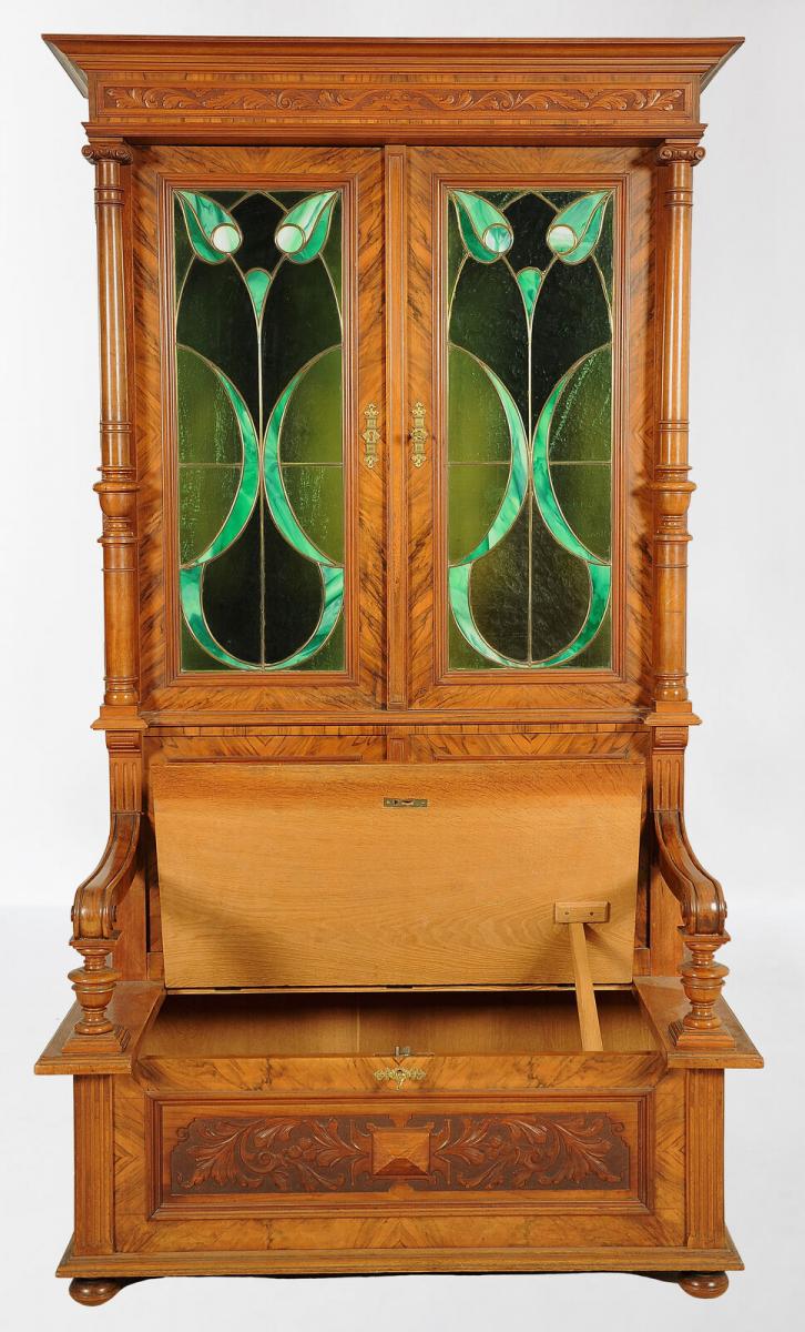 Sensationeller Gründerzeit Bücherschrank mit Sitzbank Antik Kolosseum