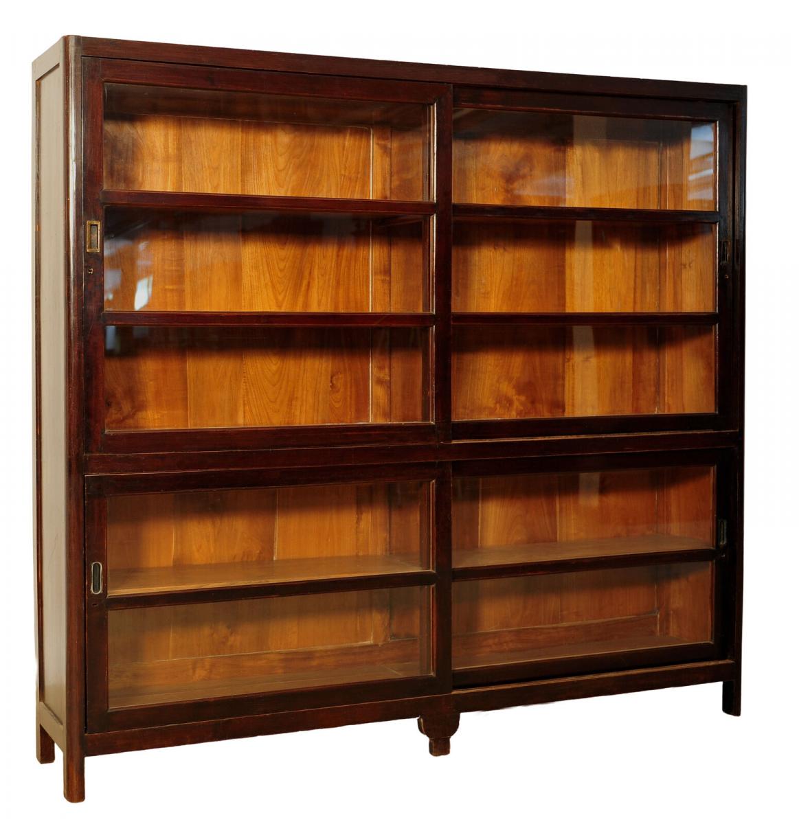 Bücherschrank mit Glasschiebetüren aus massivem Teakholz Antik