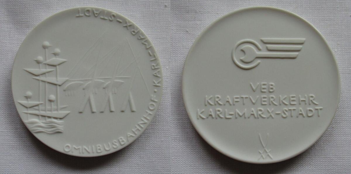 DDR Porzellan Medaille Omnibusbahnhof VEB Kraftverkehr Karl Marx Stadt