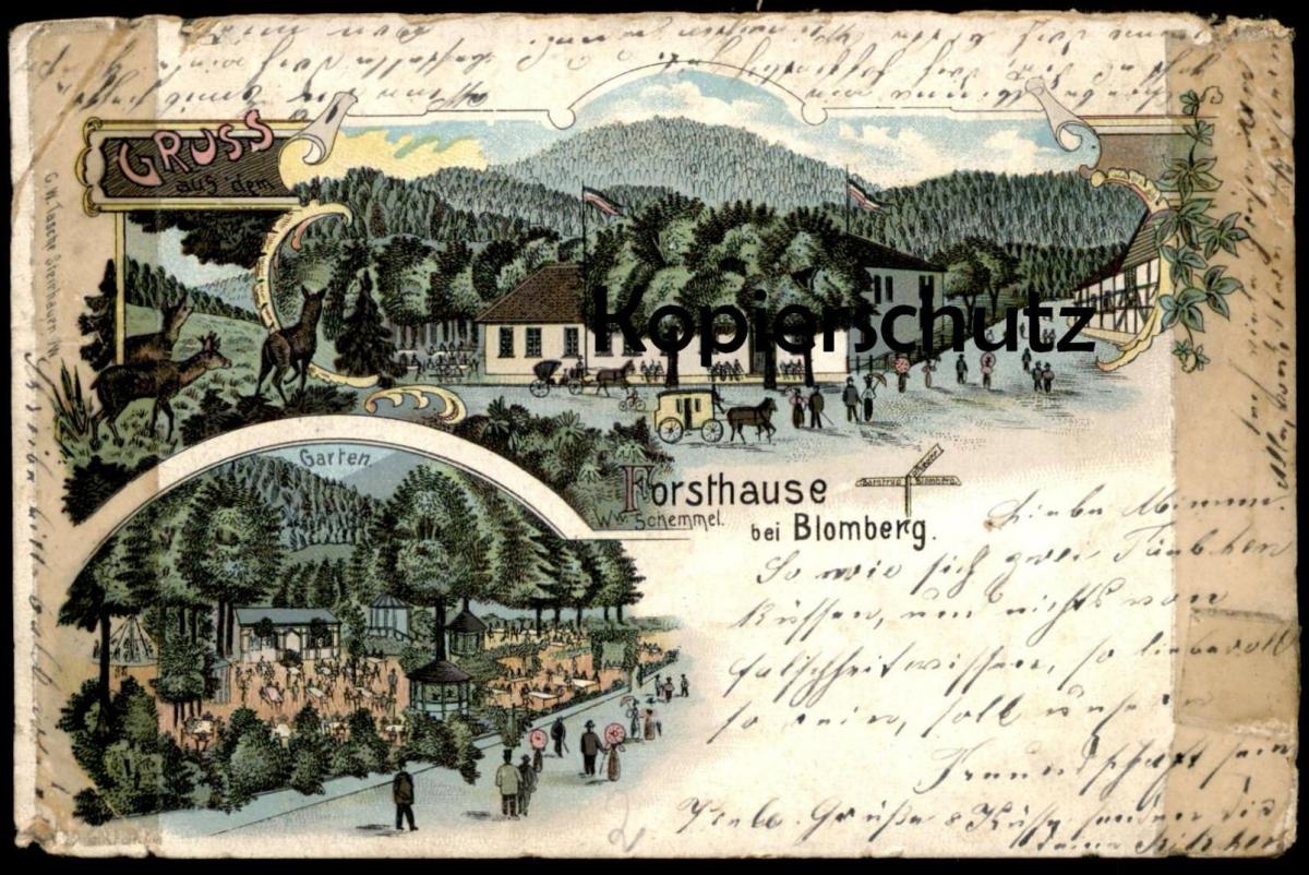 ALTE LITHO POSTKARTE GRUSS AUS DEM FORSTHAUSE BLOMBERG WITWE SCHEMMEL