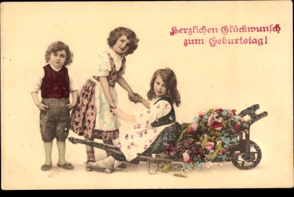 Ak Glückwunsch Geburtstag Kinder Schubkarre mit Blumen Nr 3689527