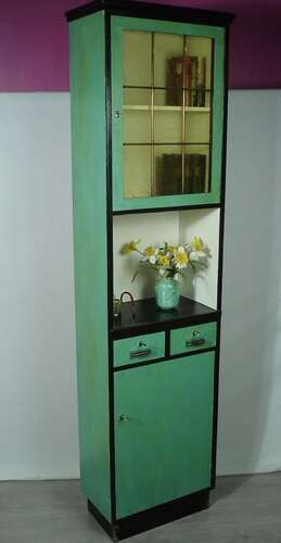 50er Schmales Buffet Vitrine Gläserschrank Geschirrschrank shabby Türkis + Nußbaum dunkel