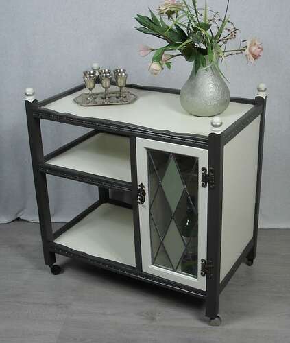 50er Hausbar Wagen, Rolltisch, Servierwagen, 2 Ebenen, Tiffany Stil Glas-Fach, shabby weiß +grau, Praxis-Wagen, Badezimmer-Rolltisch