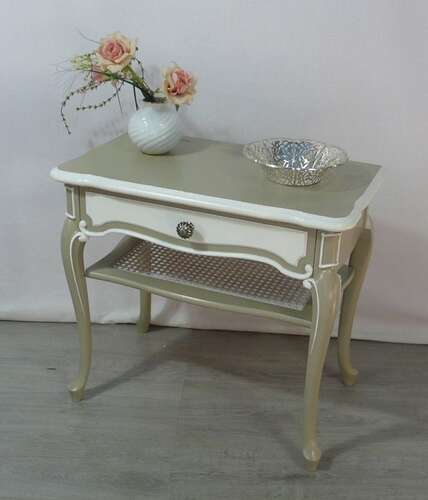 Chippendale Beistelltisch 1 Schublade 1 Ablage, grau + weiß Antik Stil 50er