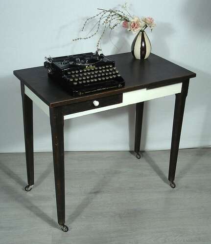 1920er Schreibtisch Laptop Tisch auf Rollen Schubl +Auszug, Nußb dkl +Antik-Weiß