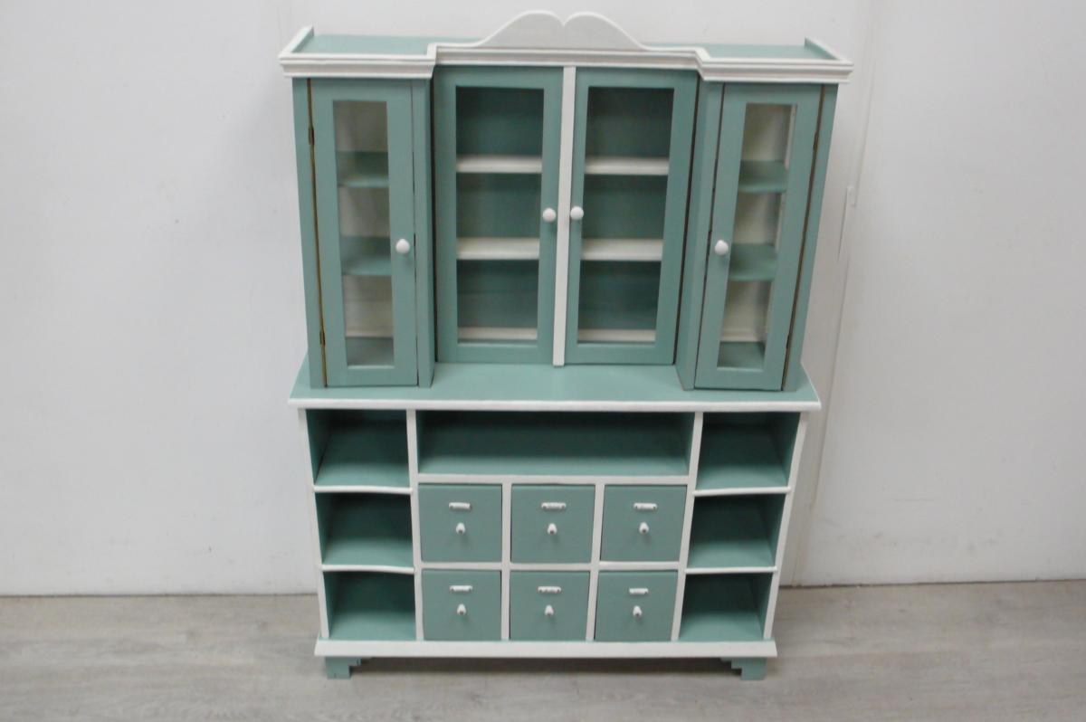 1920er Kinder Kaufmannsladen als Gewürzschrank Kaffee-/Tee-Schrank, Vollholz Mint-Weiß