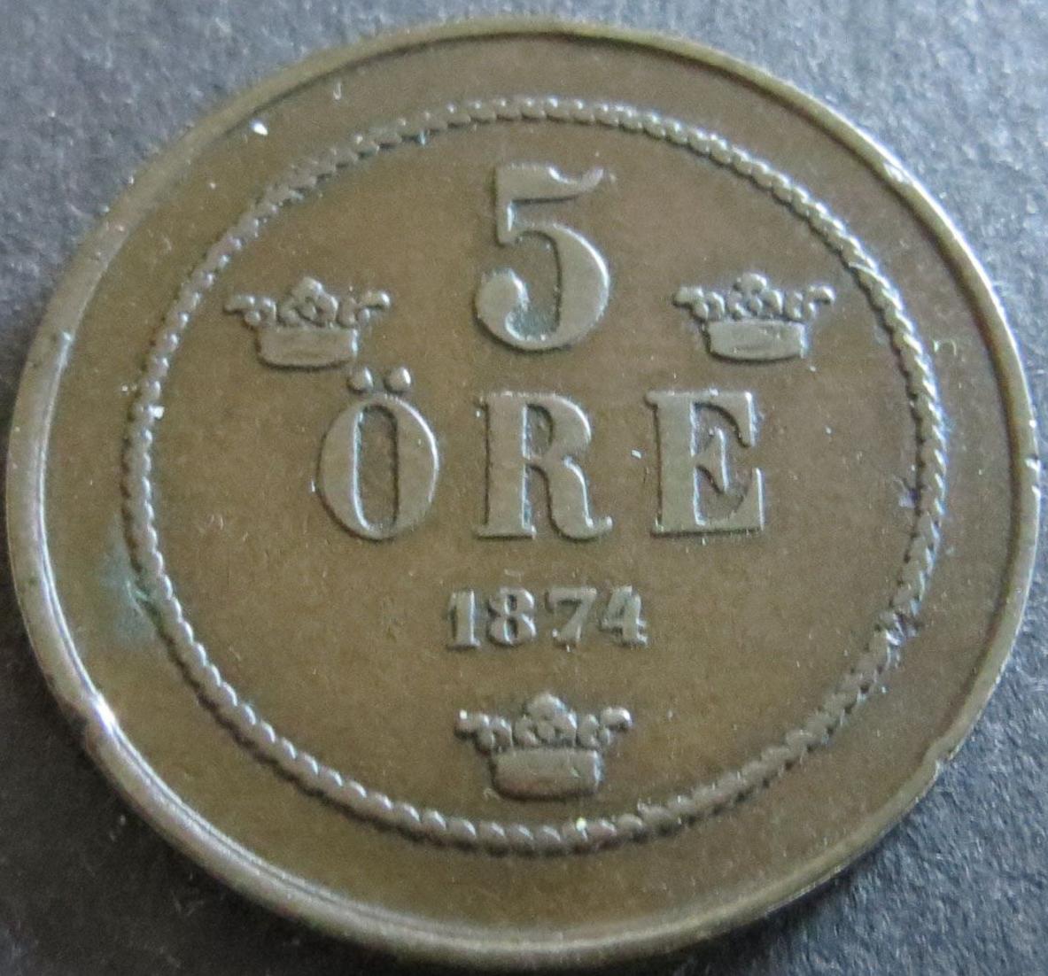 Münze Schweden 1874 5 Öre Oskar II Bekröntes Monogramm 27mm Kupfer