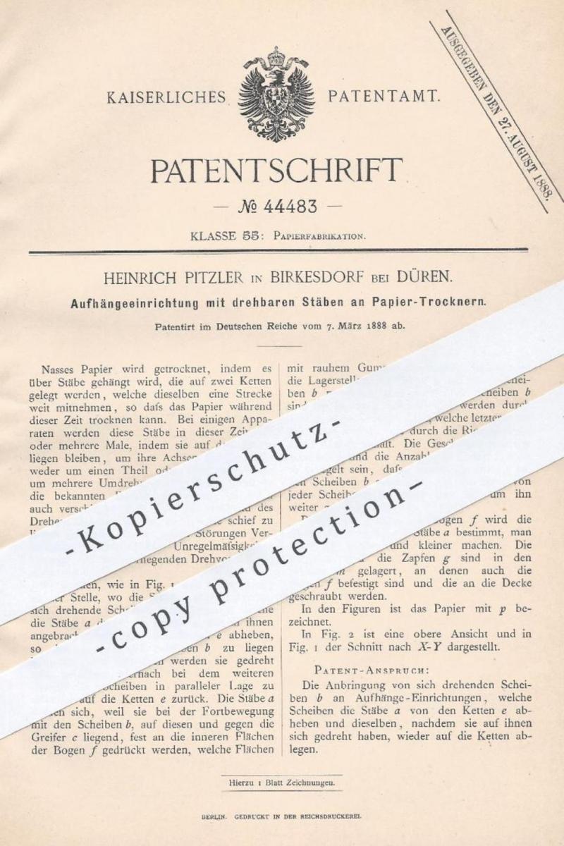 original Patent Heinrich Pitzler Birkesdorf Düren 1888