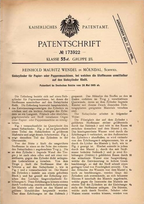 Original Patentschrift R Wendel in Mölndal Schweden 1905