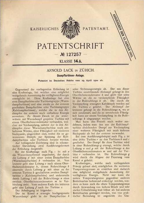 Original Patentschrift A Lack in Zürich 1900 Dampfturbinenanlage