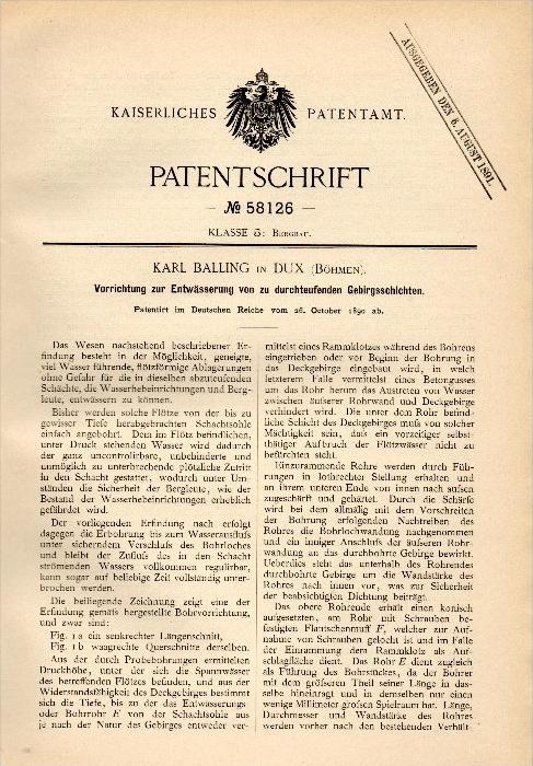 Original Patentschrift Karl Ballin in Dux Duchcov Böhmen 1890