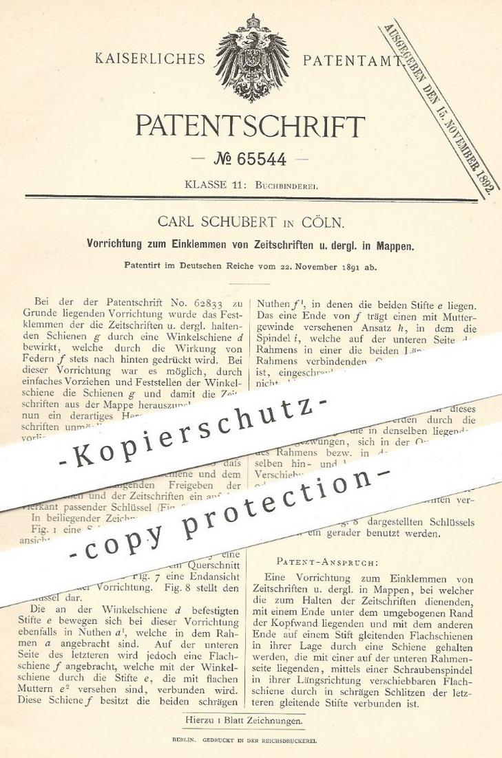 original Patent Carl Schubert Cöln Köln 1891 Klemmmappe