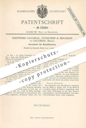 original Patent Eisenwerke Gaggenau Flürscheim Bergmann 1885