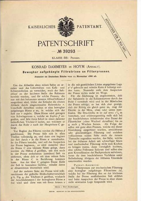 Original Patentschrift K Dammeyer In Hoym B Seeland 1886