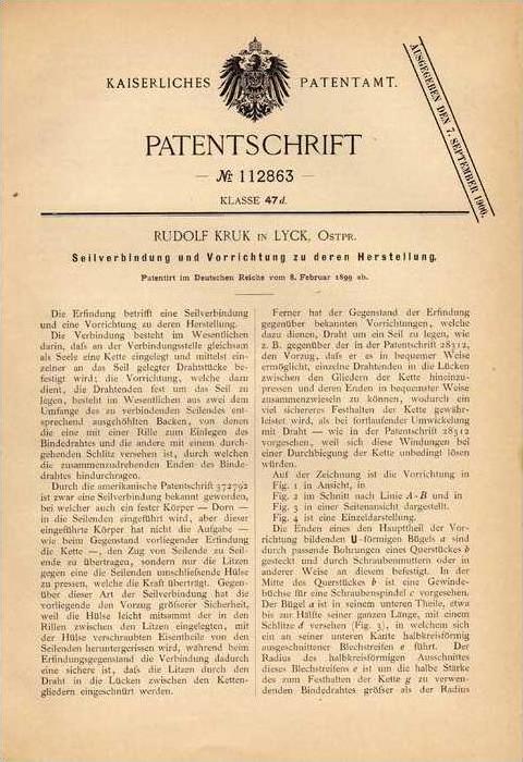 Original Patentschrift R Kruk In Lyck Ostpreussen Seil