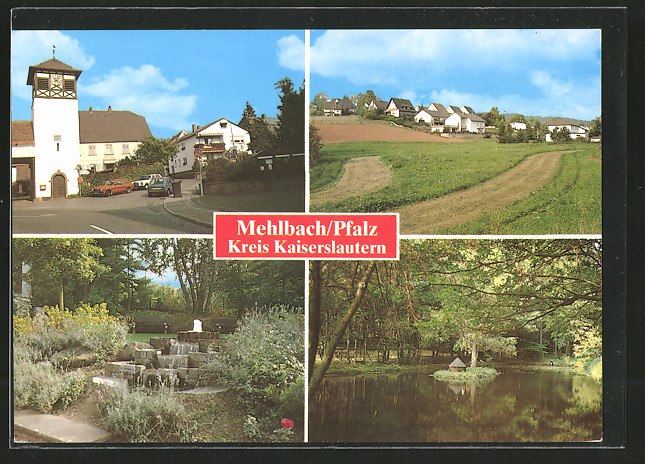 AK Mehlbach, Uhrenturm, Teilansicht, Springbrunnen, Teichpartie Nr