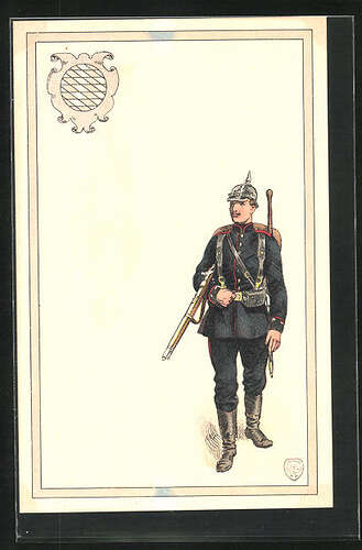 Lithographie Weltkrieg I Soldat In Uniform Mit Pickelhaube Und Gewehr