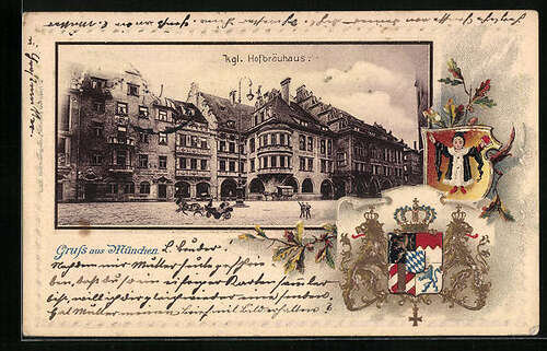 Passepartout Lithographie M Nchen Gasthaus Hofbr Uhaus Wappen Mit