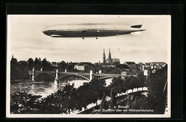 AK Basel Graf Zeppelin über der Wettsteinbrücke Nr 12359937