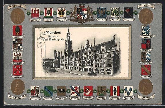 Passepartout Lithographie München Rathaus und Marienplatz