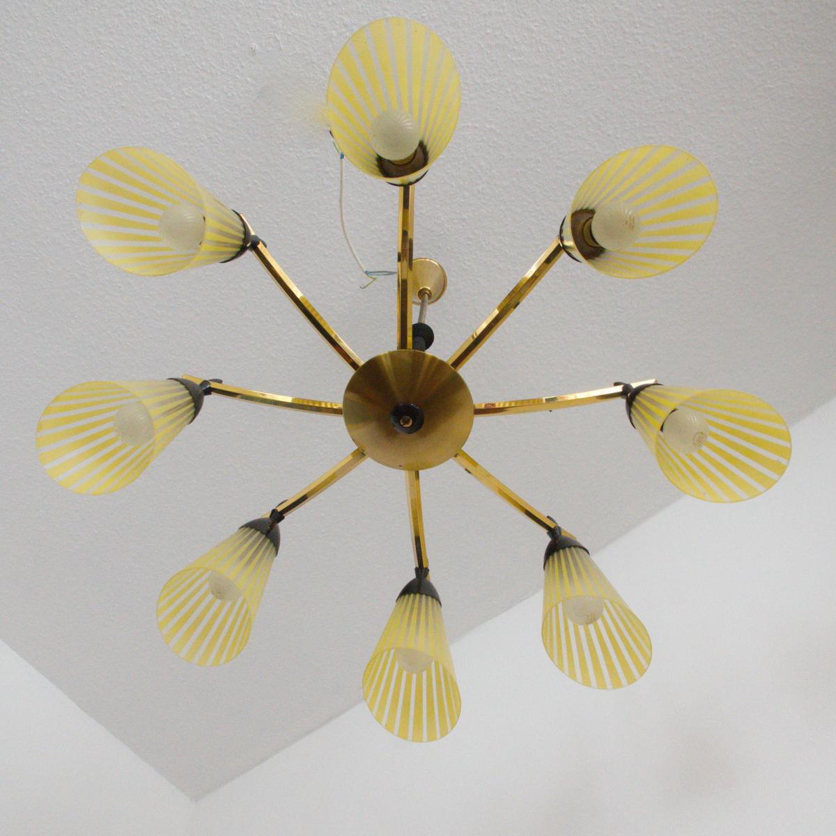 50er Jahre Deckenlampe Hängelampe 8-ARMIGER LEUCHTER Glastüten Lampe Rockabilly