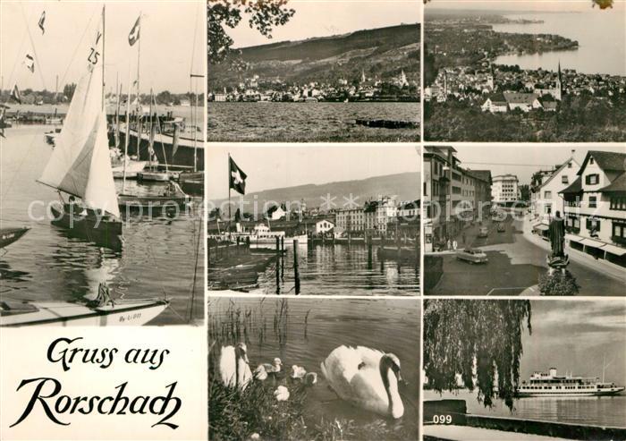 AK Ansichtskarte Rorschach Bodensee Hafen Segelboot Schwaene Faehre