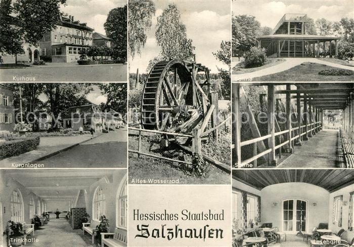 Ak Ansichtskarte Bad Salzhausen Altes Wasserrad Saline Kurhaus Bad