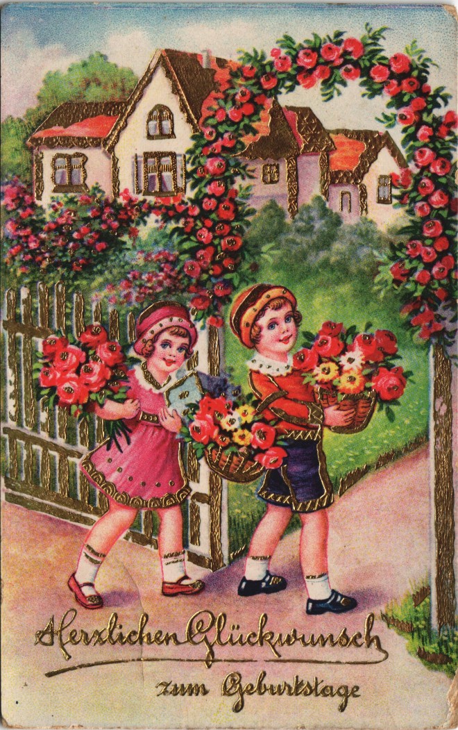 Ansichtskarte Geburtstag Kinder mit Rosen Goldprägekarte 1913 Goldrand