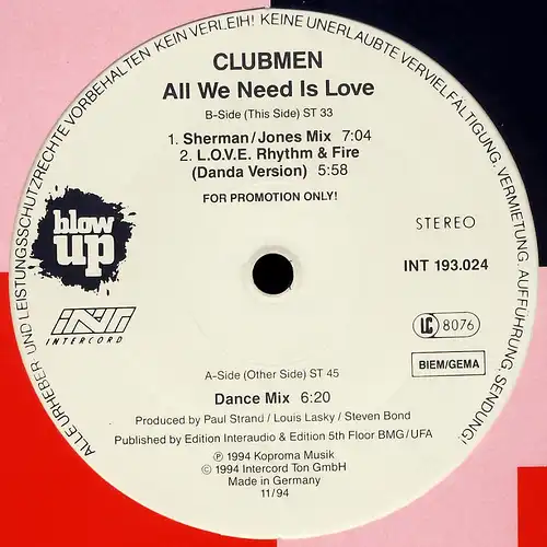 Clubmen - All We Need Is Love [12" Maxi]