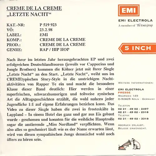 Creme De La Creme - Letzte Nacht [CD-Single]