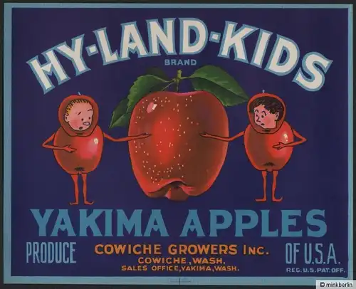 Etikett für Äpfel Kistenetikett HY-LAND-KIDS / Apple Crate Label / ~1940 # 1781