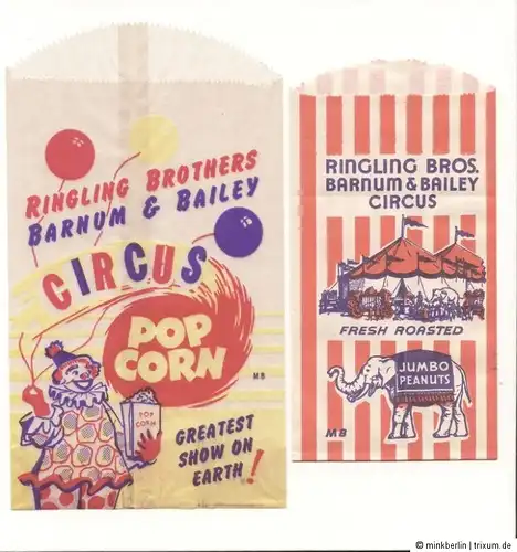 2 Tütchen Popcorn  Peanuts 1950er Jahre / Ringling Bros. Barnum & Bailey Circus