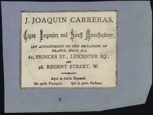 J. Joaquin Carreras Cigar Importer and Snuff Manufacturer, Leicester - ca.1860