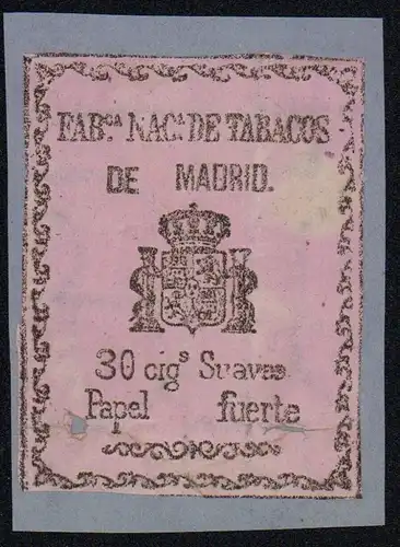 Etikett - Fab. Nac. de Tabacos de Madrid 30 cig.Suaves Papel fuerte Spanien 1870