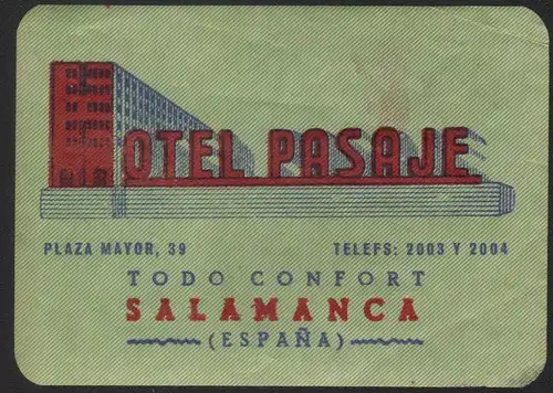 Hotel Kofferetikett / luggage label - Hotel Pasaje - Salamanca, Espana