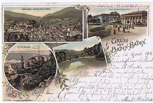 Litho,Gruß aus Baden-Baden gel. 1903 