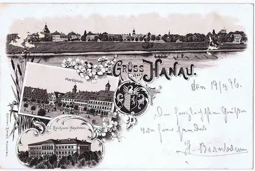 Litho,Gruß aus Hanau,gel.Bahnpost 1896