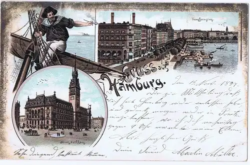 Litho,Gruß aus Hamburg,gel.Bahnpost 1897 