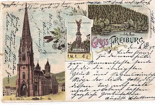 Litho Gruß aus Freiburg gel. 1897