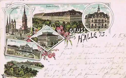 AK Litho Gruß aus Halle gelaufen 1897