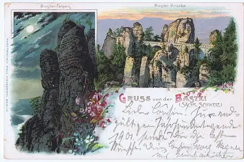 AK Litho Gruß von der Bastei gelaufen 1900