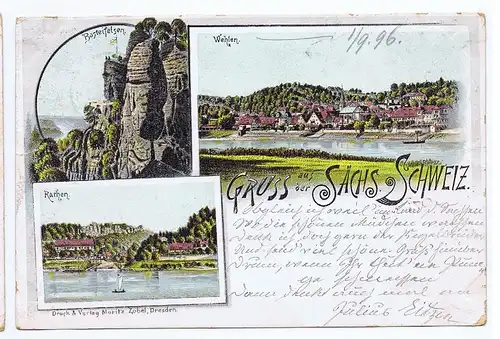 AK Litho Gruß aus Sächsische Schweiz gelaufen 1896