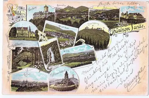 Litho Gruß aus Thüringer Lande,gel.Bahnpost 1902