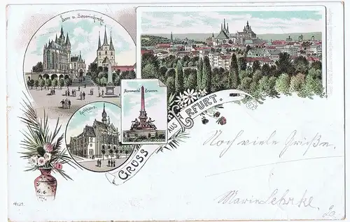 Litho Gruß aus Erfurt,gel.Bahnpost 1899