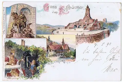 Litho Gruß vom Kyffhäuser,gel.Bahnpost 1898