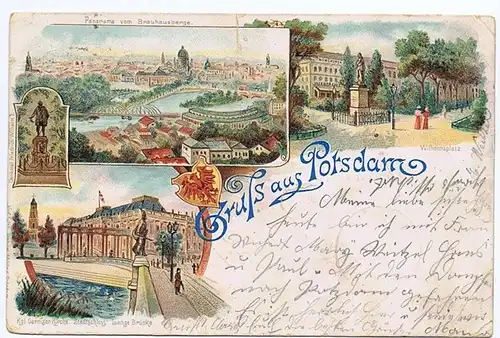 Litho,Gruß aus Potsdam,gel.1899 Einriss oben