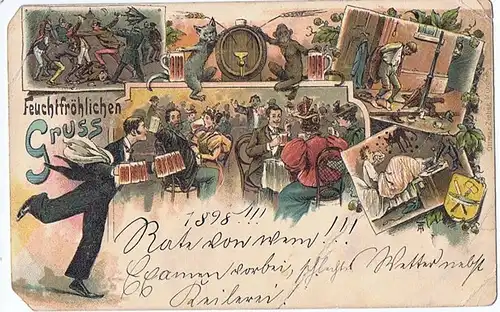 alte Scherzkarte Litho gel.Bahnpost 1898