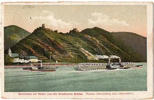 alte Ansichtskarte Bornhofen am Rhein mit Dampfer gel.1910