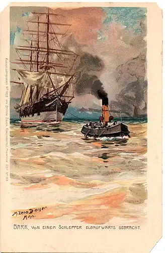 Litho Ansichtskarte Bark mit Schlepper ungel.um 1900